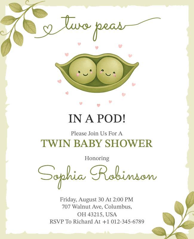 Two Peas in a Pod Twin Baby Shower Invitation Flyer Template