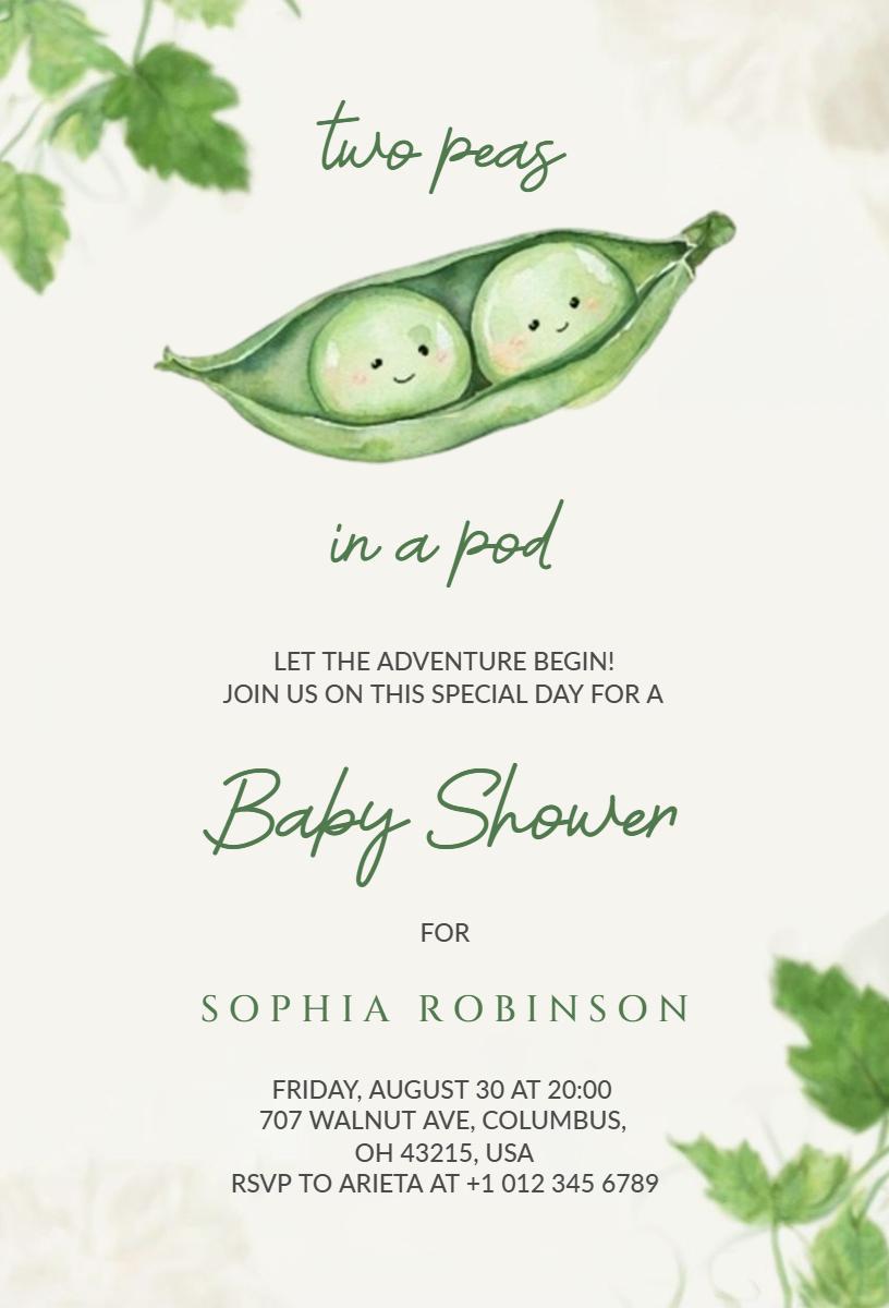 Two Peas in a Pod Whimsical Baby Shower Invitation Template