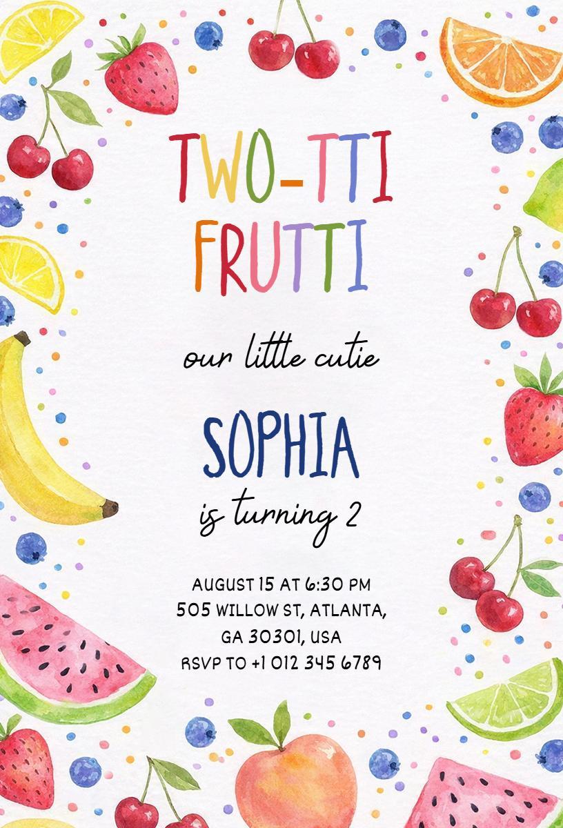 Two-Ti Frutti Colorful 2nd Birthday Celebration Invitation Template