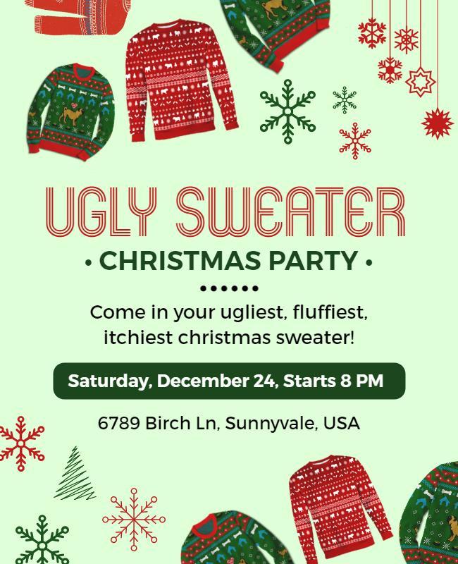 Cheerful Red and Green Ugly Sweater Holiday Party Flyer Template