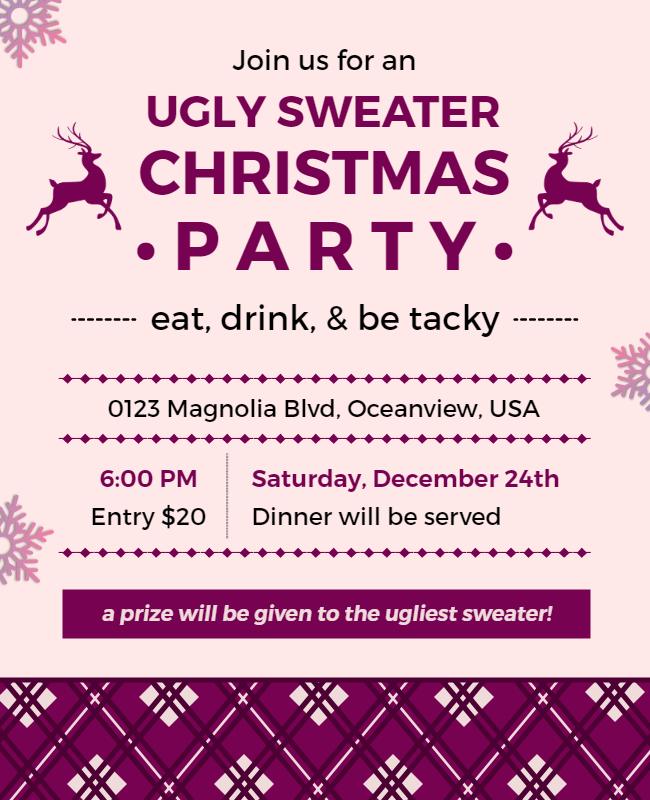 Festive Pink Ugly Sweater Christmas Party Flyer Template