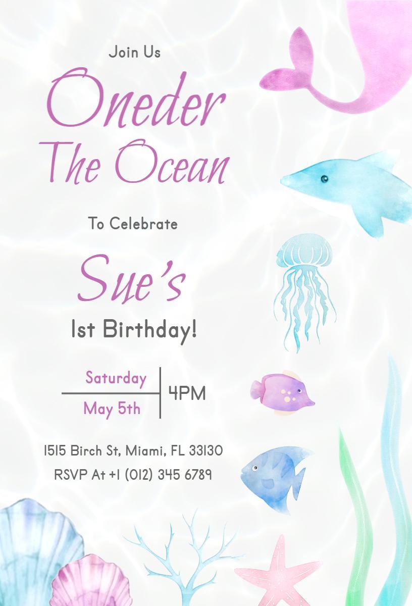 Under the Ocean Mermaid Theme 1st Birthday Invitation Template