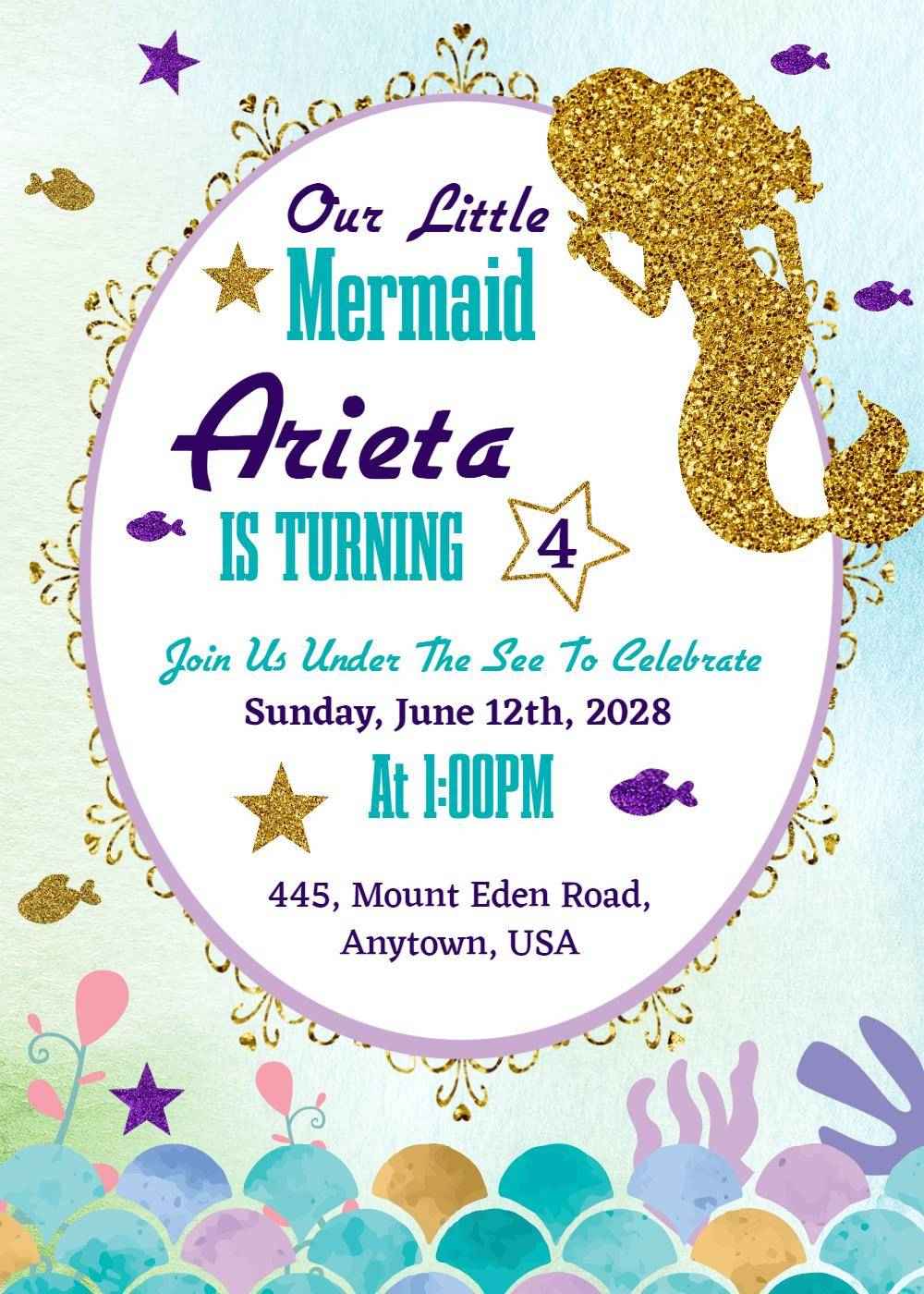 Under the Sea Mermaid Birthday Celebration Invitation Template