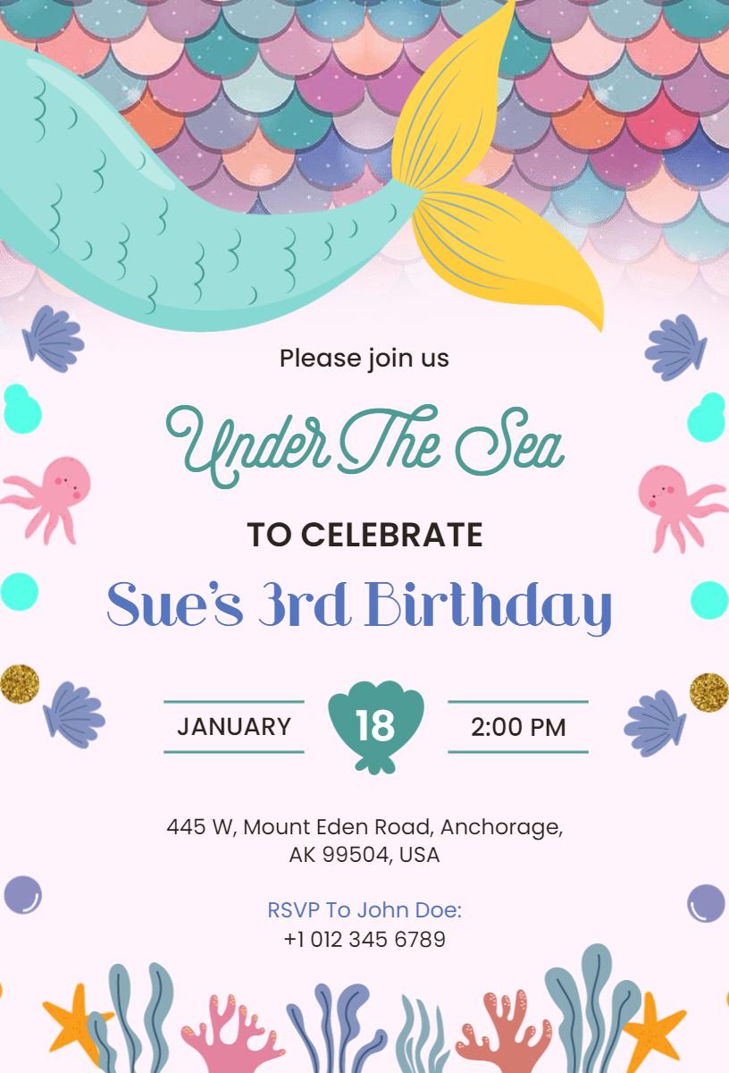 Under the Sea Mermaid Theme Birthday Celebration Invitation Template