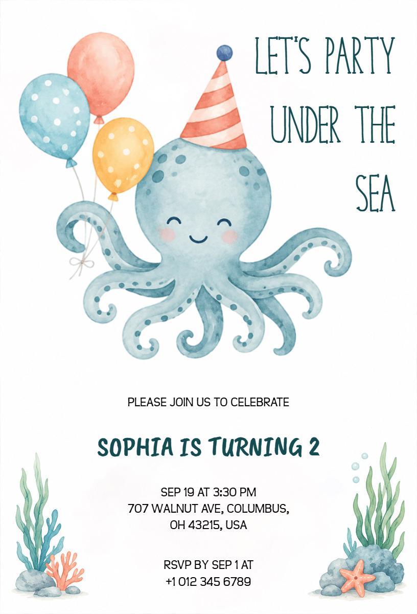Under the Sea Octopus 2nd Birthday Celebration Invitation Template