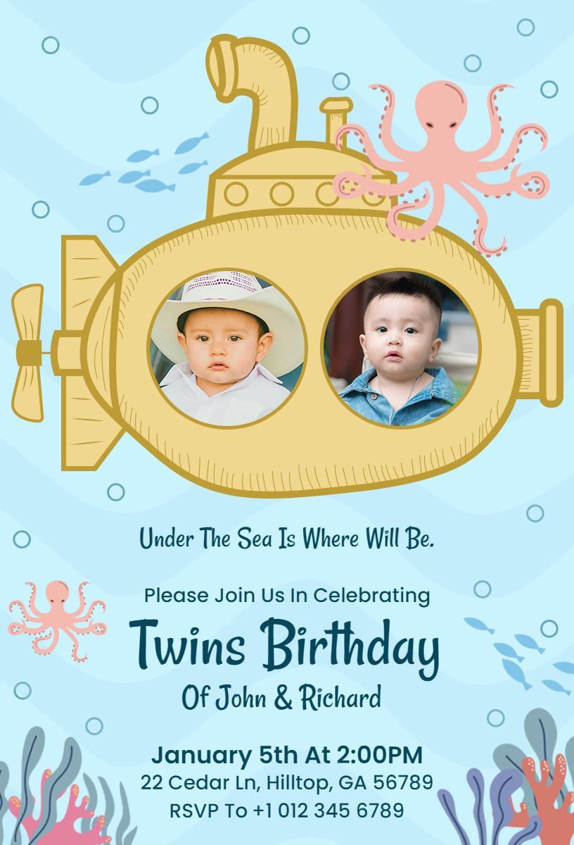 Under the Sea Twins Birthday Celebration Photo Invitation Template