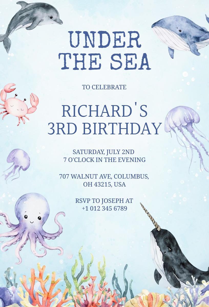 Under the Sea Whale Themed Birthday Celebration Invitation Template