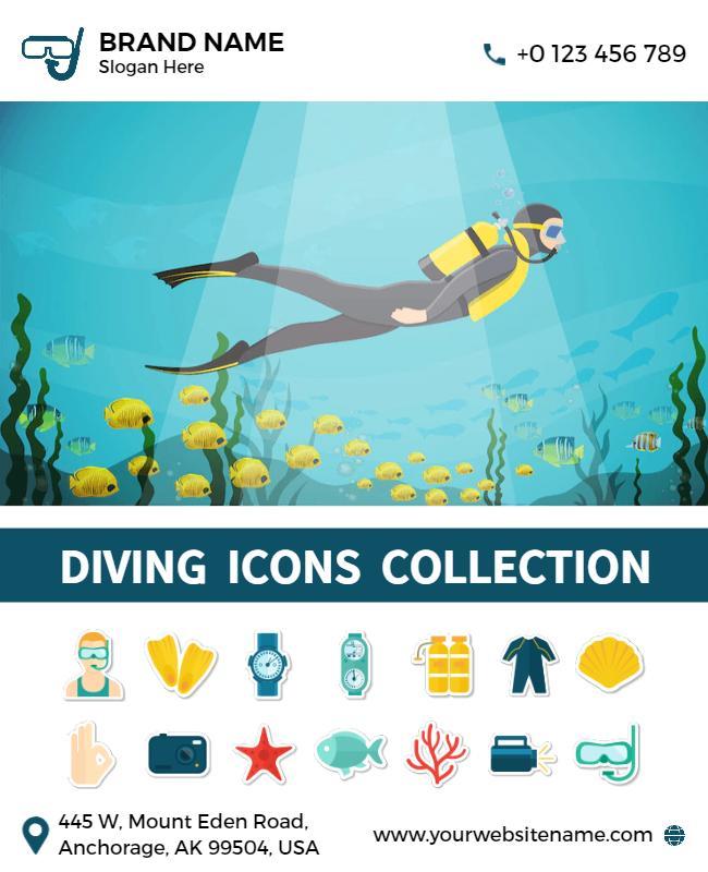 Underwater Adventure Diving Icons Collection Poster Template