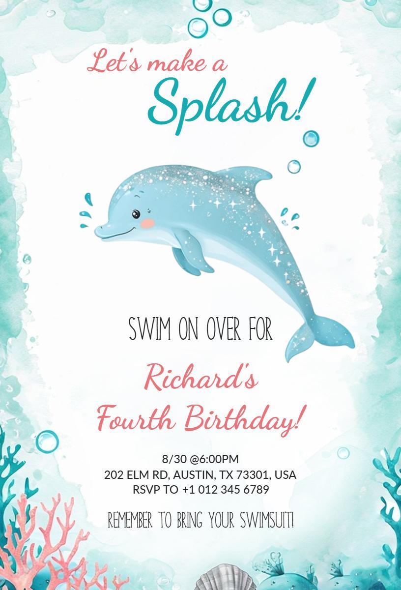 Underwater Dolphin Theme Fourth Birthday Celebration Invitation Template