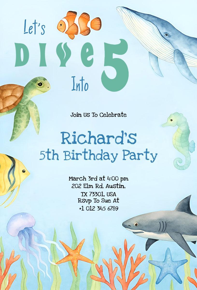 Underwater Ocean Adventure 5th Birthday Invitation Template