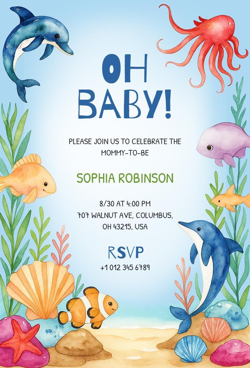 Underwater Sea Creatures Themed Baby Shower Invitation Template