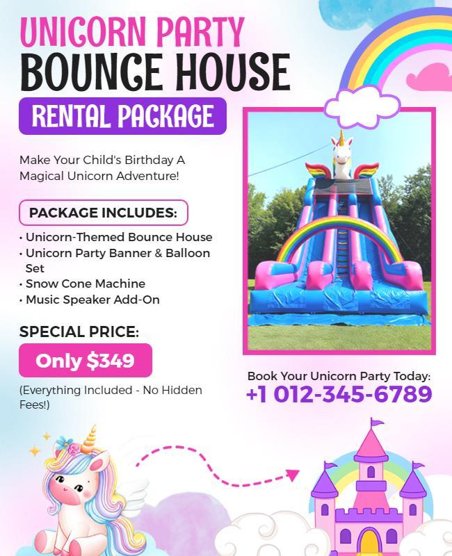 Unicorn Party Bounce House Rental Package Flyer Template