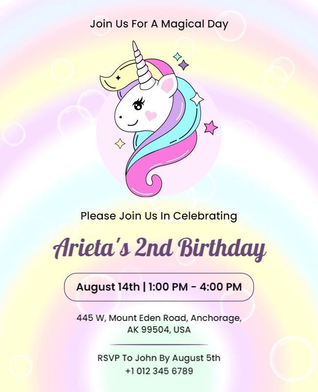 Unicorn Themed Childrens Birthday Invitation Flyer Template