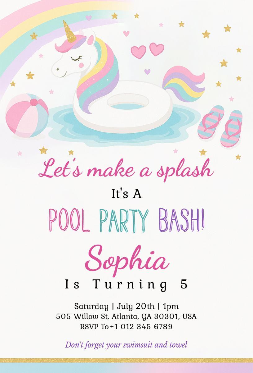 Unicorn-Themed Colorful Pool Party Bash Invitation Template