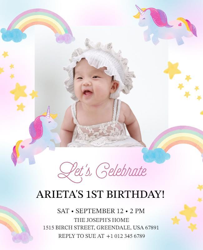 Unicorn Themed First Birthday Celebration Flyer Template