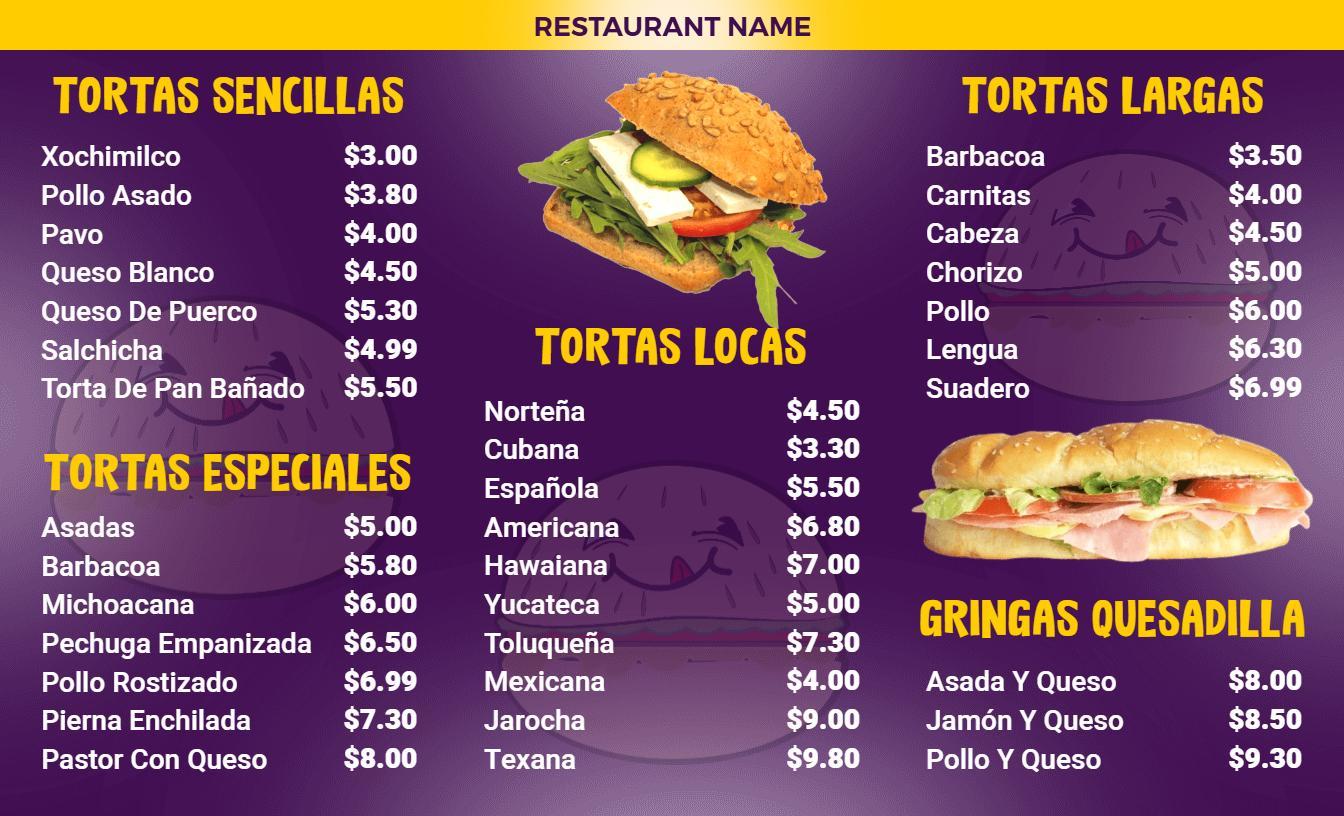 Unique Nortena and Texana Flavorful Tortas Menu Template