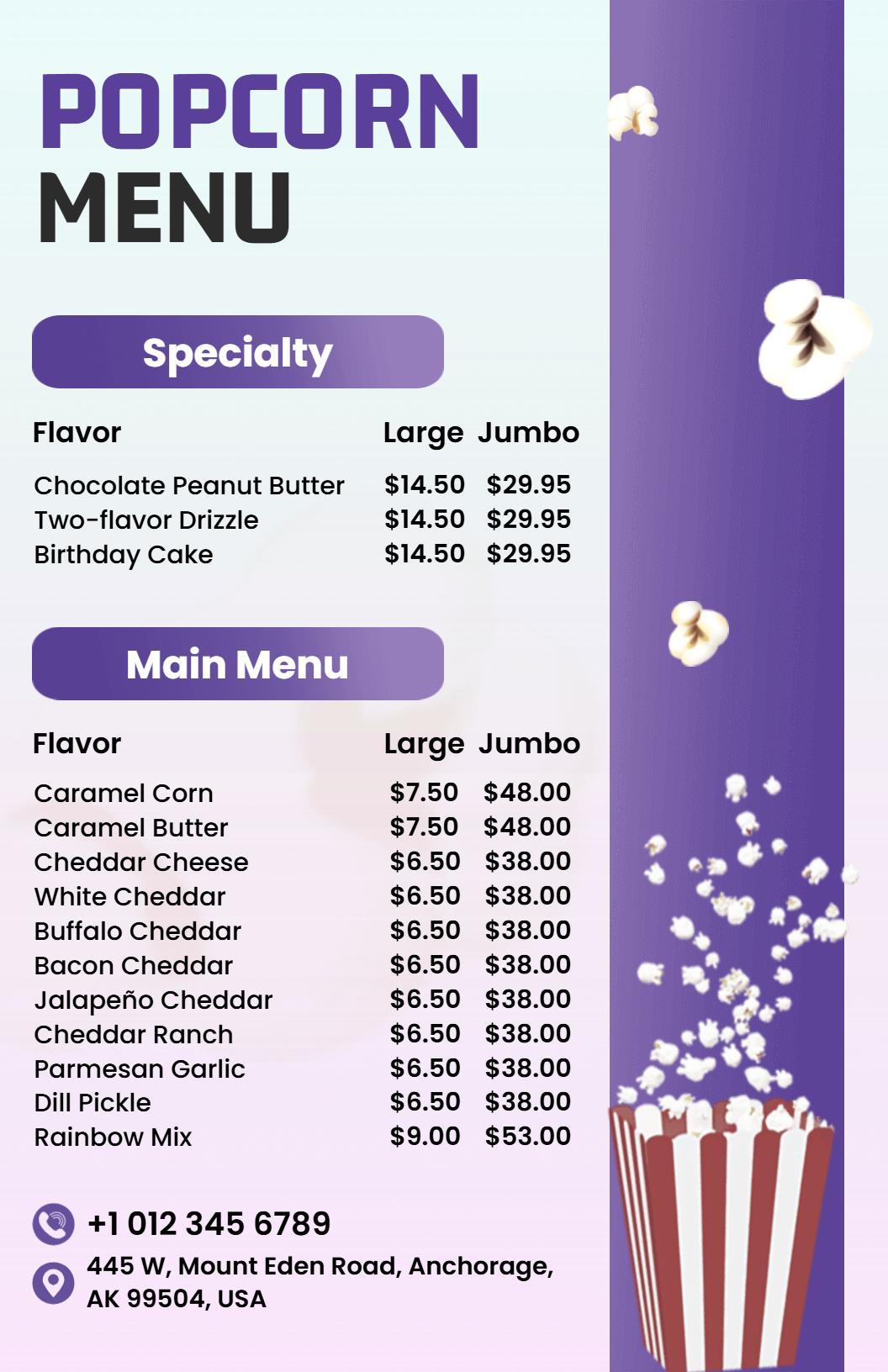 Unique Specialty Blends and Classic Versions Popcorn Menu Template