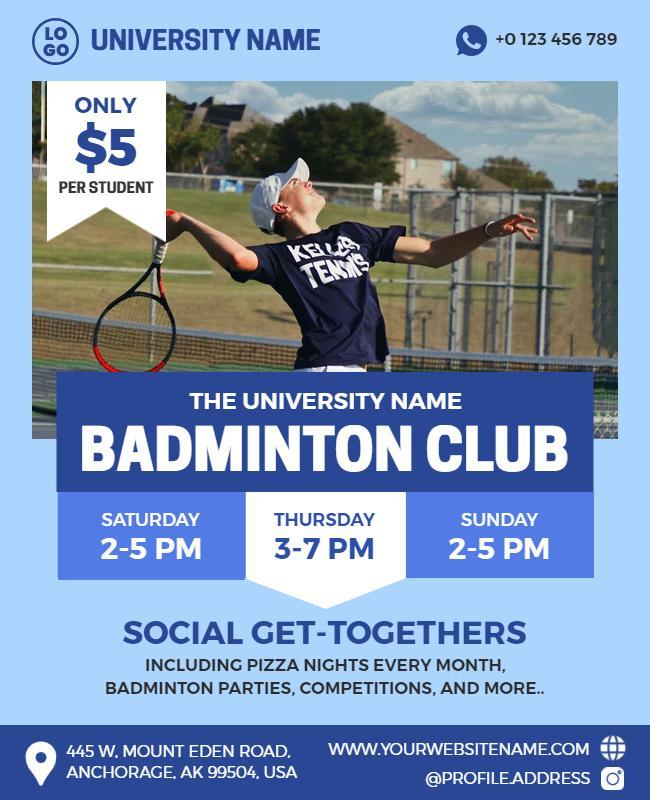 University Badminton Club Social Events Flyer Template