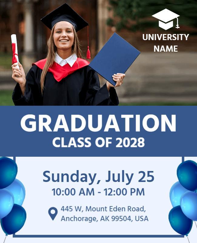 University Graduation Ceremony Flyer with Graduate and Balloons Template