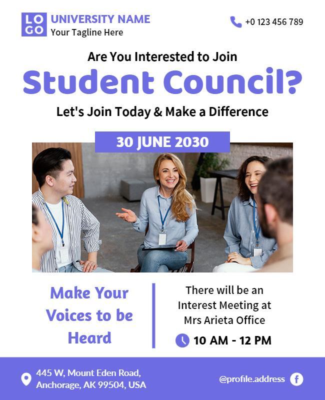 Engaging Blue Student Council Interest Meeting Flyer Template