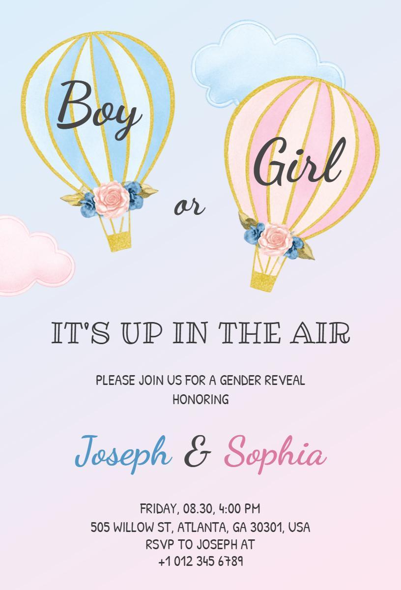 Up in the Air Hot Air Balloon Gender Reveal Invitation Template