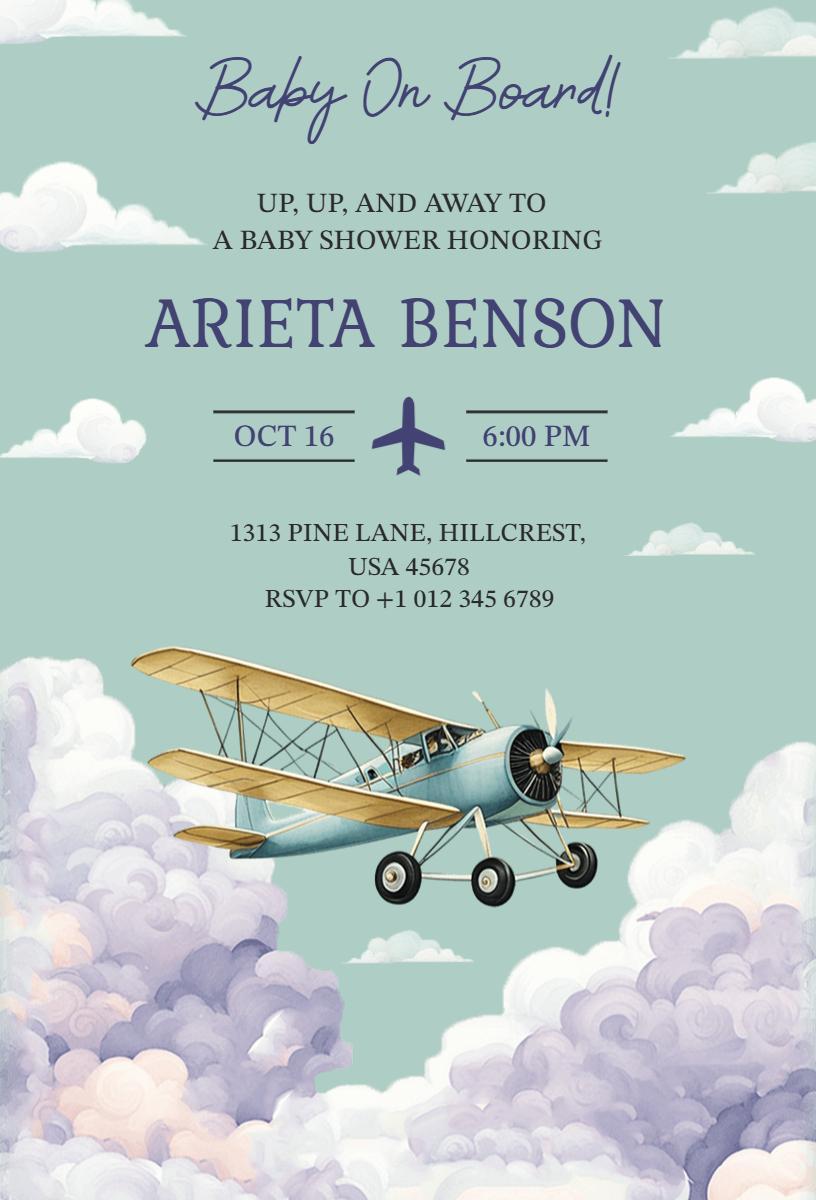 Up Up and Away Airplane Baby Shower Celebration Invitation Template