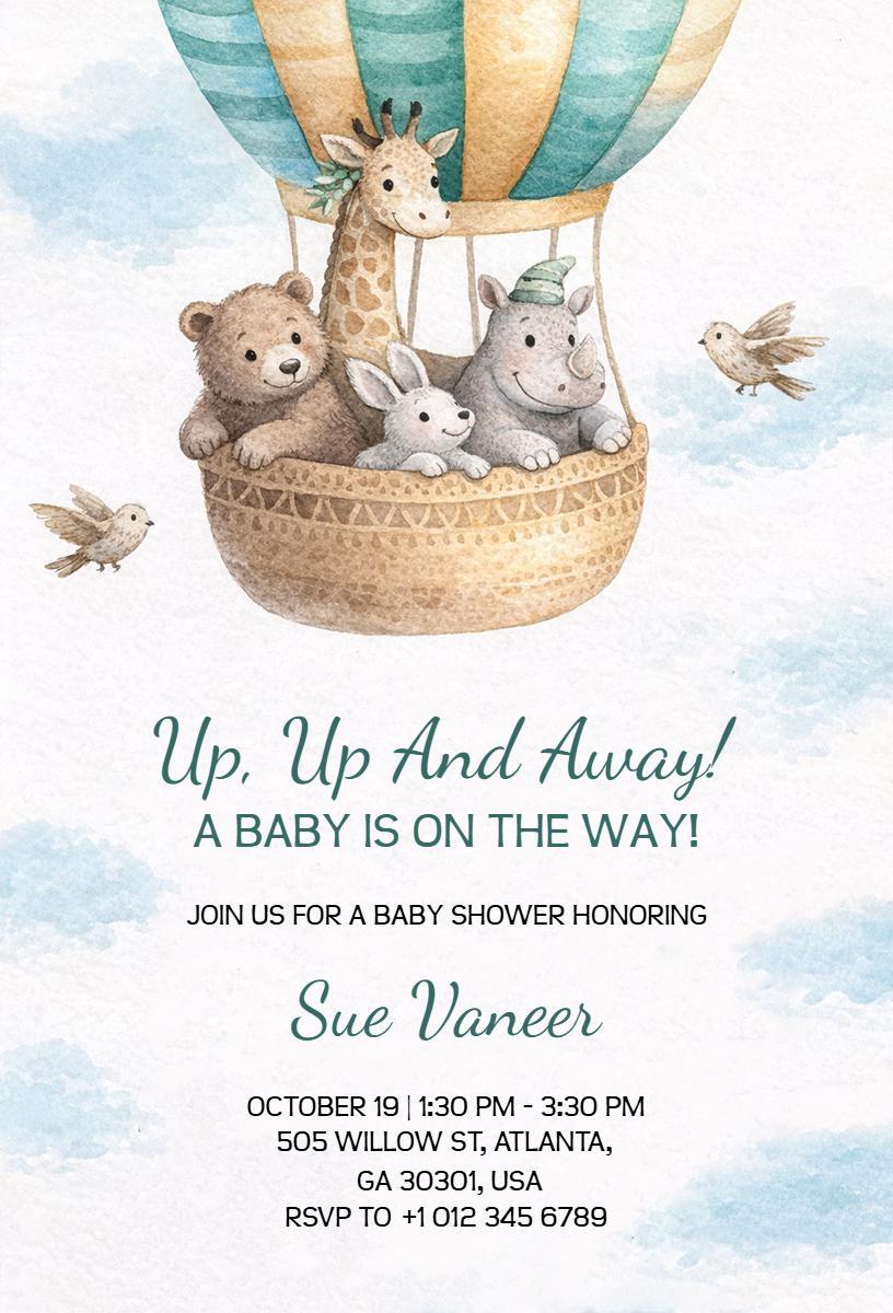 Up Up and Away Jungle Safari Baby Shower Invitation Template