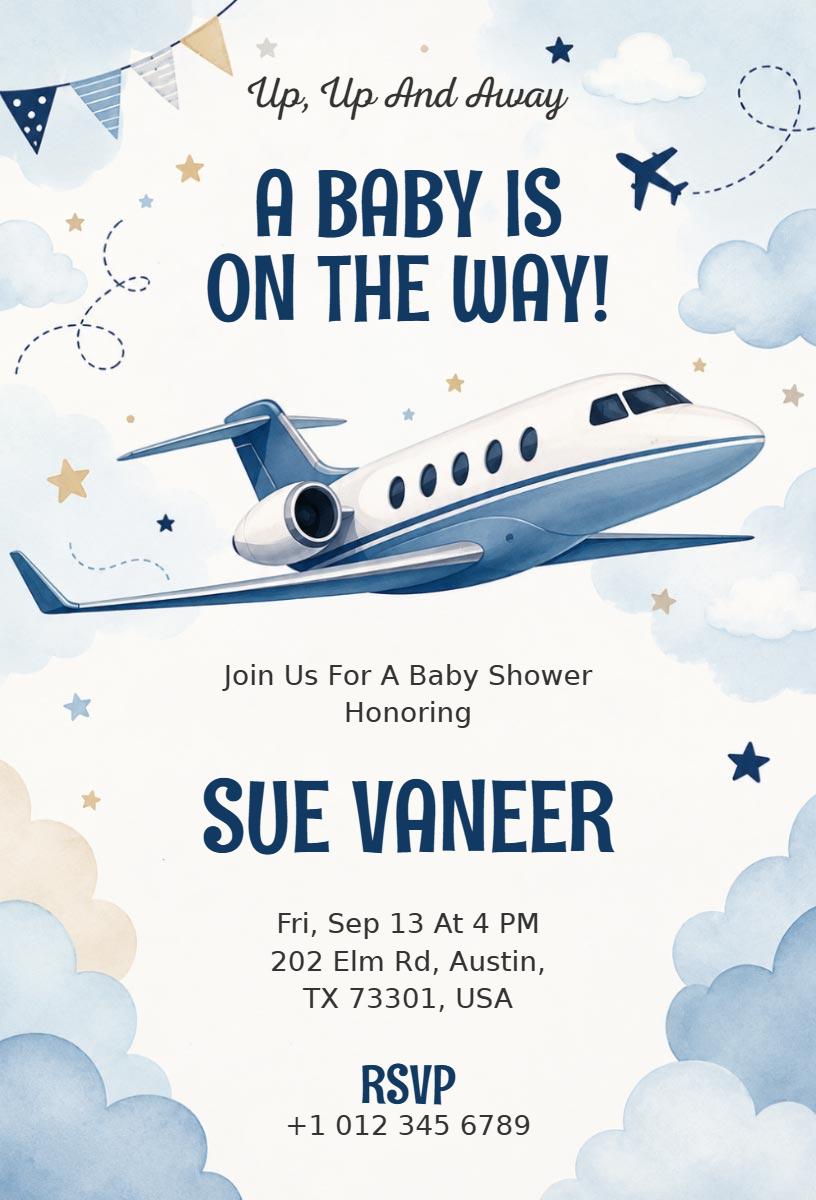 Up Up Away Aviation Baby Shower Celebration Invitation Template