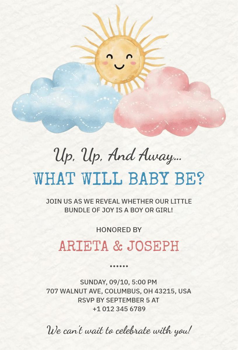 Up Up Away Fun Gender Reveal Celebration Invitation Template