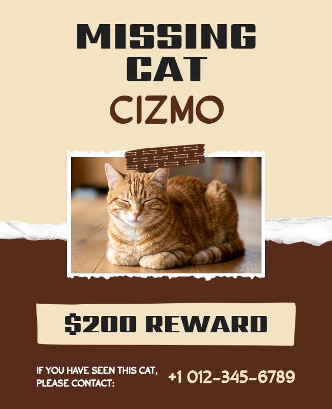Urgent Alert for Missing Cat Cizmo Reward Offer Poster Template