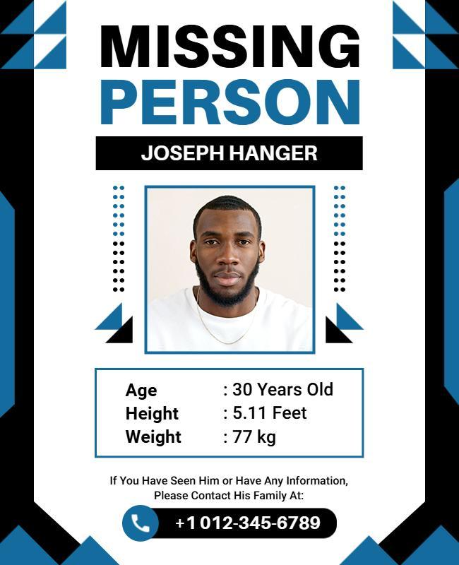 Urgent Black and Blue Missing Person Notification Poster Template
