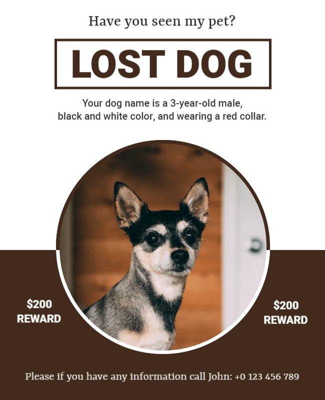 Urgent Brown Lost Dog Notice with Reward Poster Template