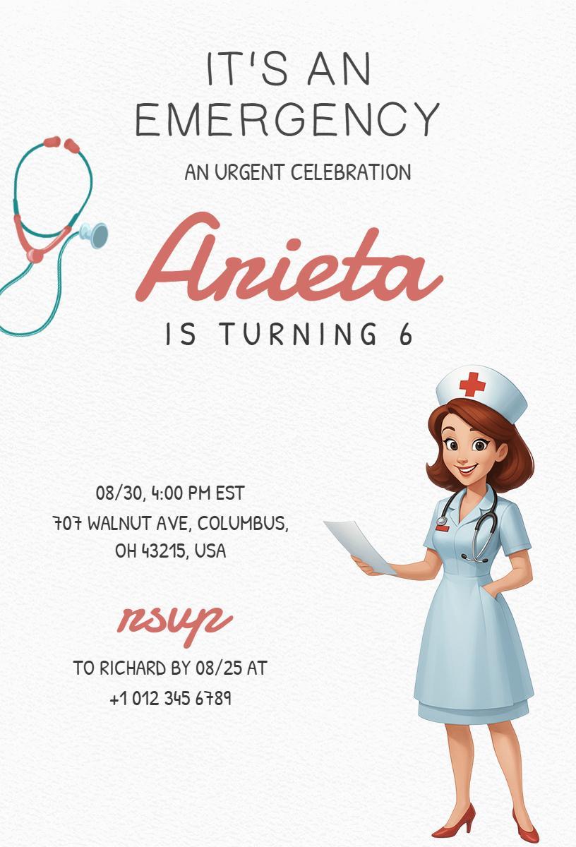 Urgent Celebration Nurse Theme Kids Birthday Invitation Template