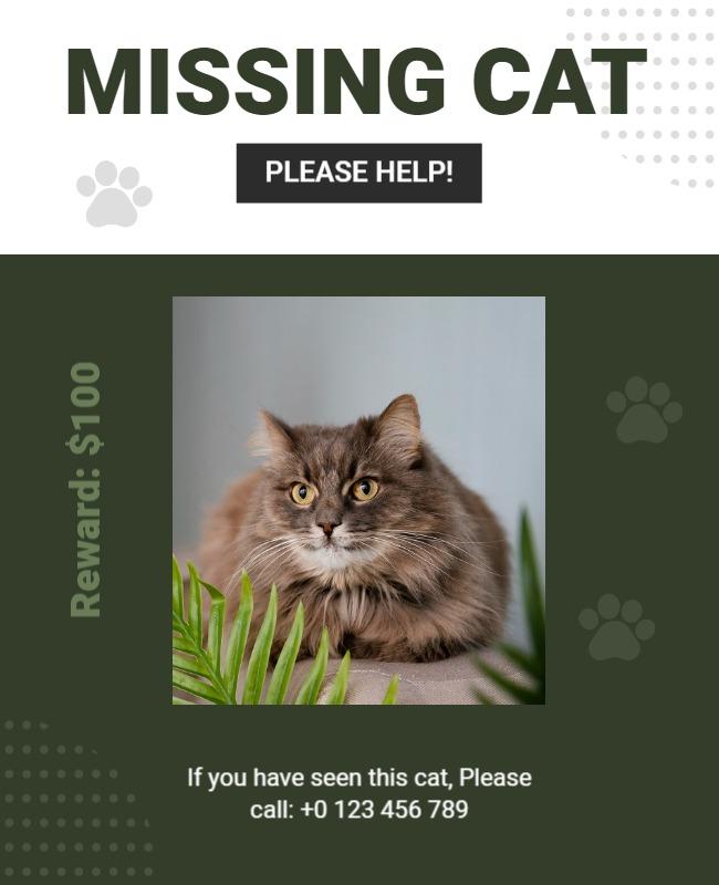 Urgent Green Missing Cat Reward Poster Template