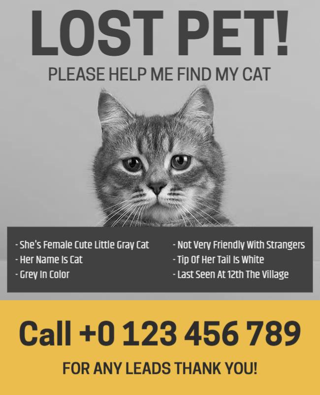 Urgent Grey Lost Cat Missing Pet Flyer Template