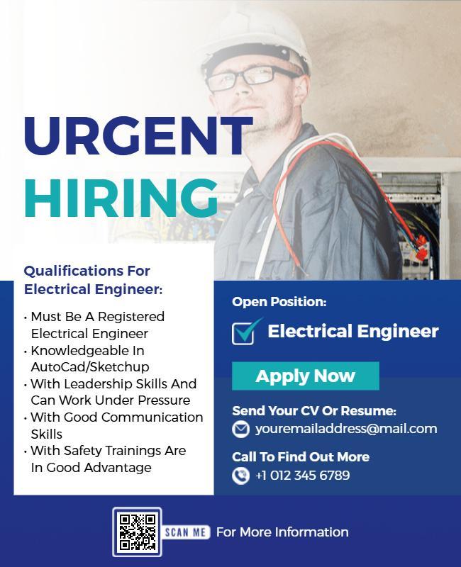 Urgent Hiring Electrical Engineer Job Vacancy Flyer Template