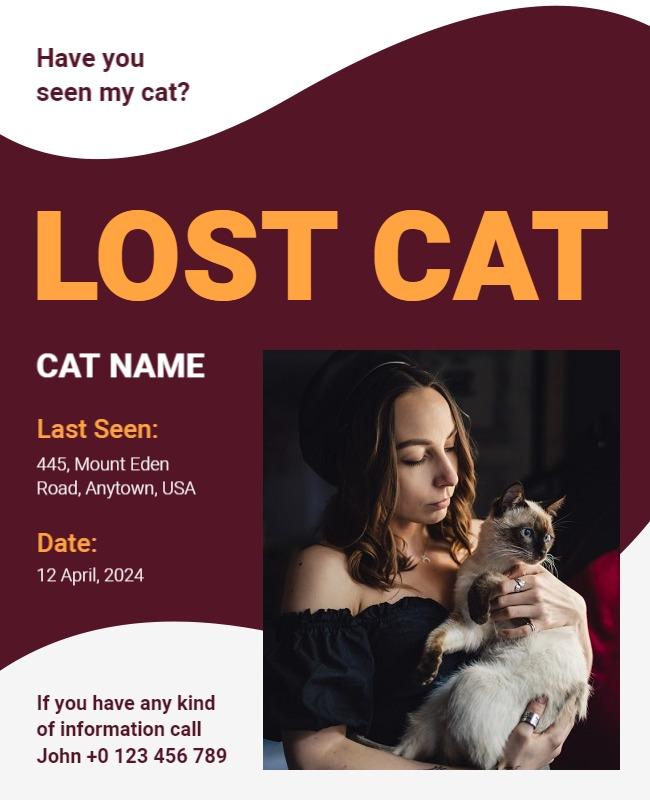 Urgent Lost Cat Alert with Contact Information Poster Template