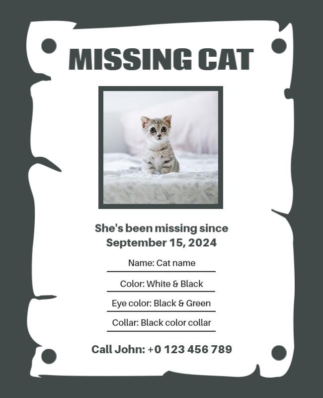 Urgent Missing Cat Notice with Photo and Contact Information Poster Template