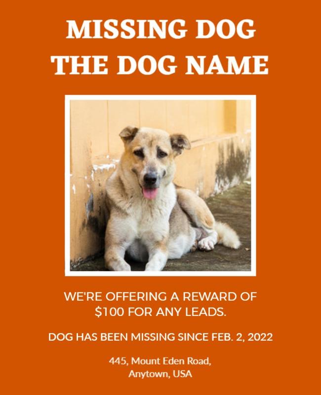 Urgent Missing Dog Alert with Reward Offer Poster Template