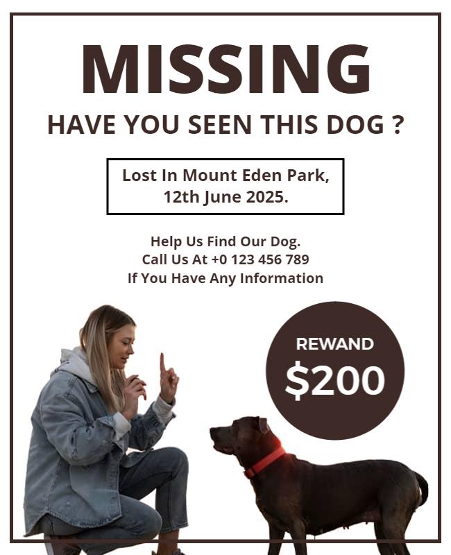 Urgent Missing Dog Reward Announcement Poster Template