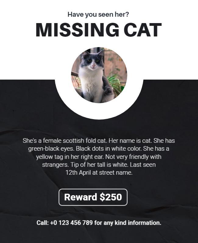Urgent Missing Pet Announcement for Cat Lovers Poster Template