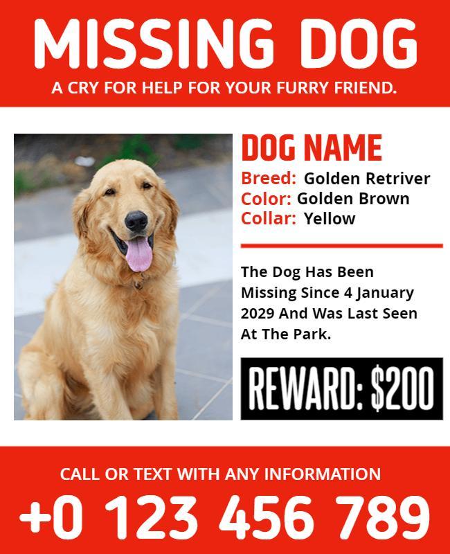 Urgent Red Missing Dog Alert with Reward Poster Template
