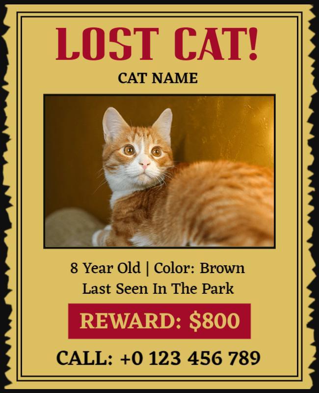 Urgent Vintage Lost Cat Announcement Poster Template