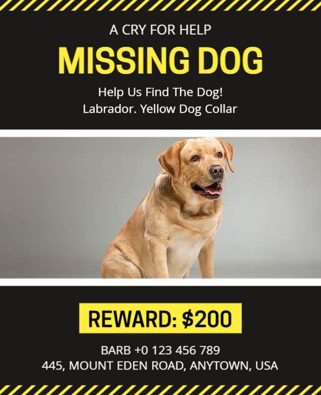 Urgent Yellow Missing Dog Pet Poster Template