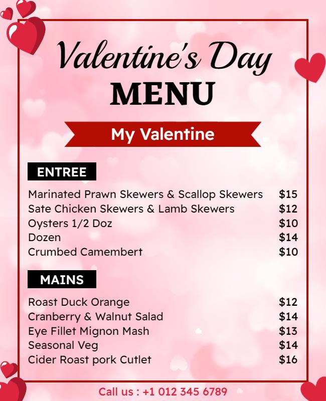 Valentines Day Restaurant Menu Flyer Template