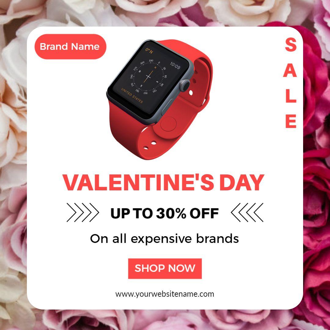 Valentine's Day Sale on Red Watch with Floral Background Ad Template