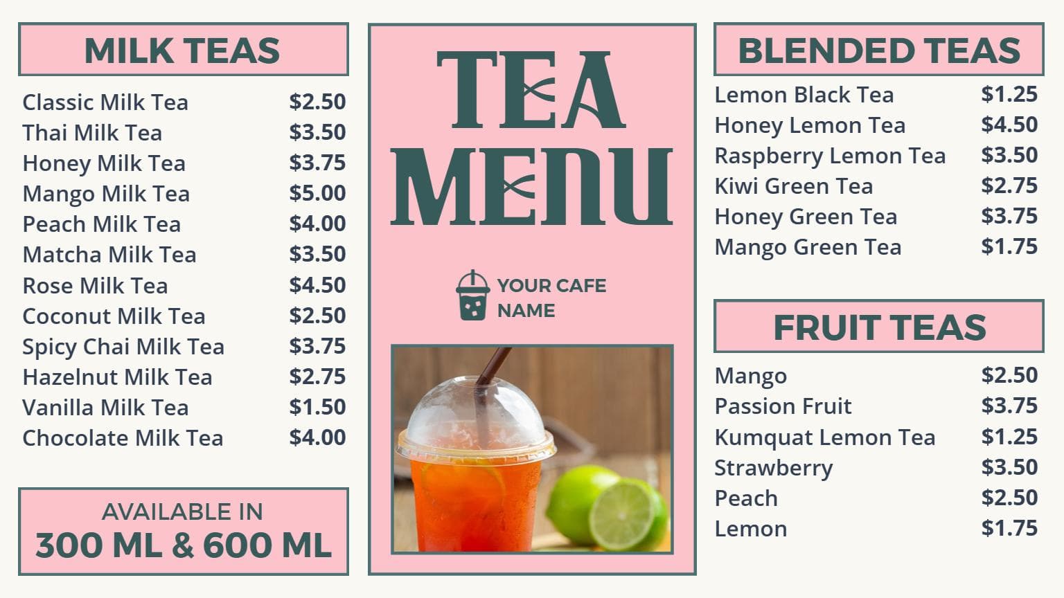 Variety of Classic Milk and Fruity Options for Refreshing Tea Menu Template