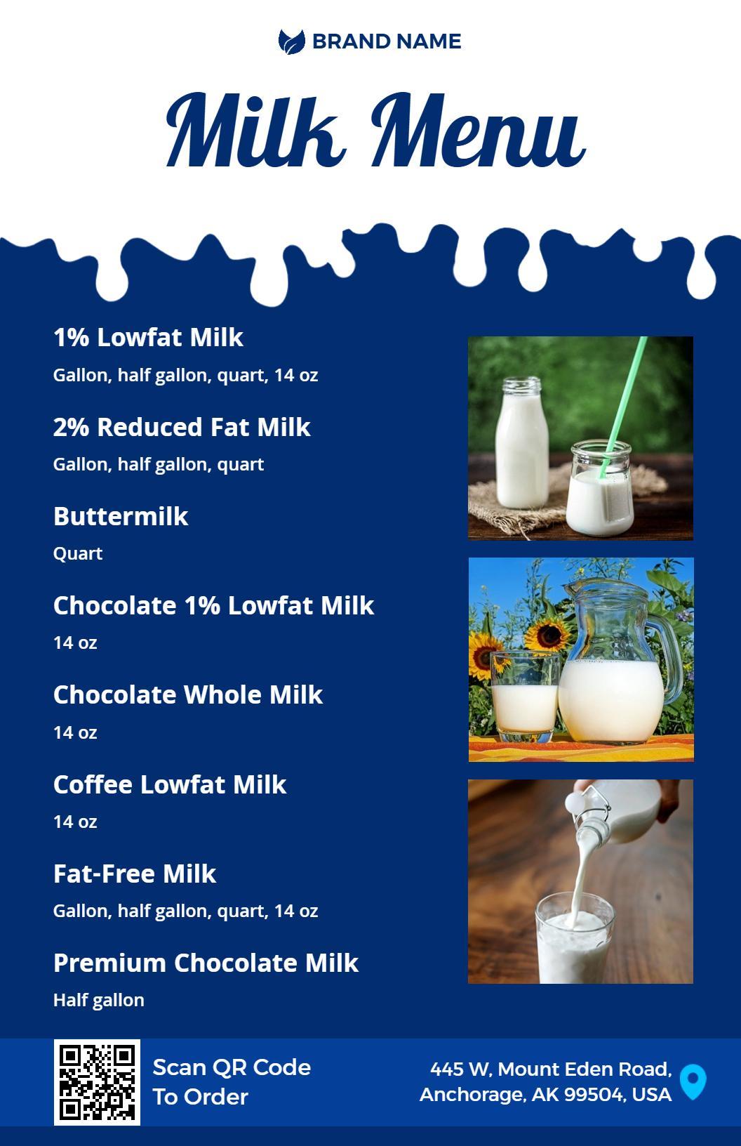 Variety of Creamy Lowfat and Chocolate Milks Drink Menu Template