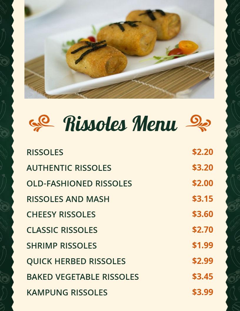 Variety of Delightful and Traditional Rissoles Food Menu Template