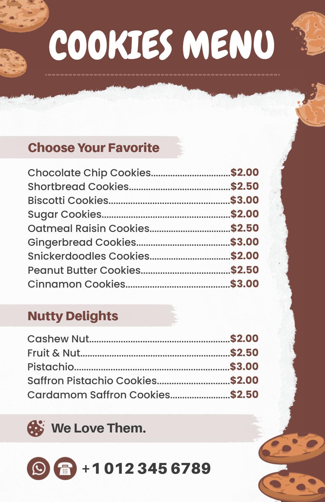 Variety of Flavors and Nutty Delights Selection Cookies Menu Template